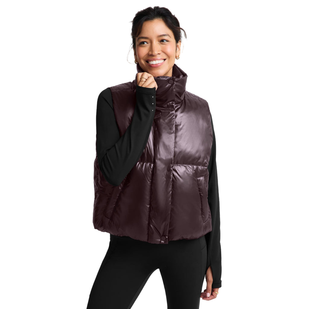 Women's Up For It Puff Shine Vest in Shine Cabernet, on model front