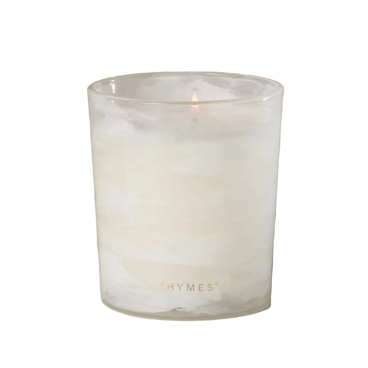 Thymes Frasier Fir Tidings 13 oz Candle, lit