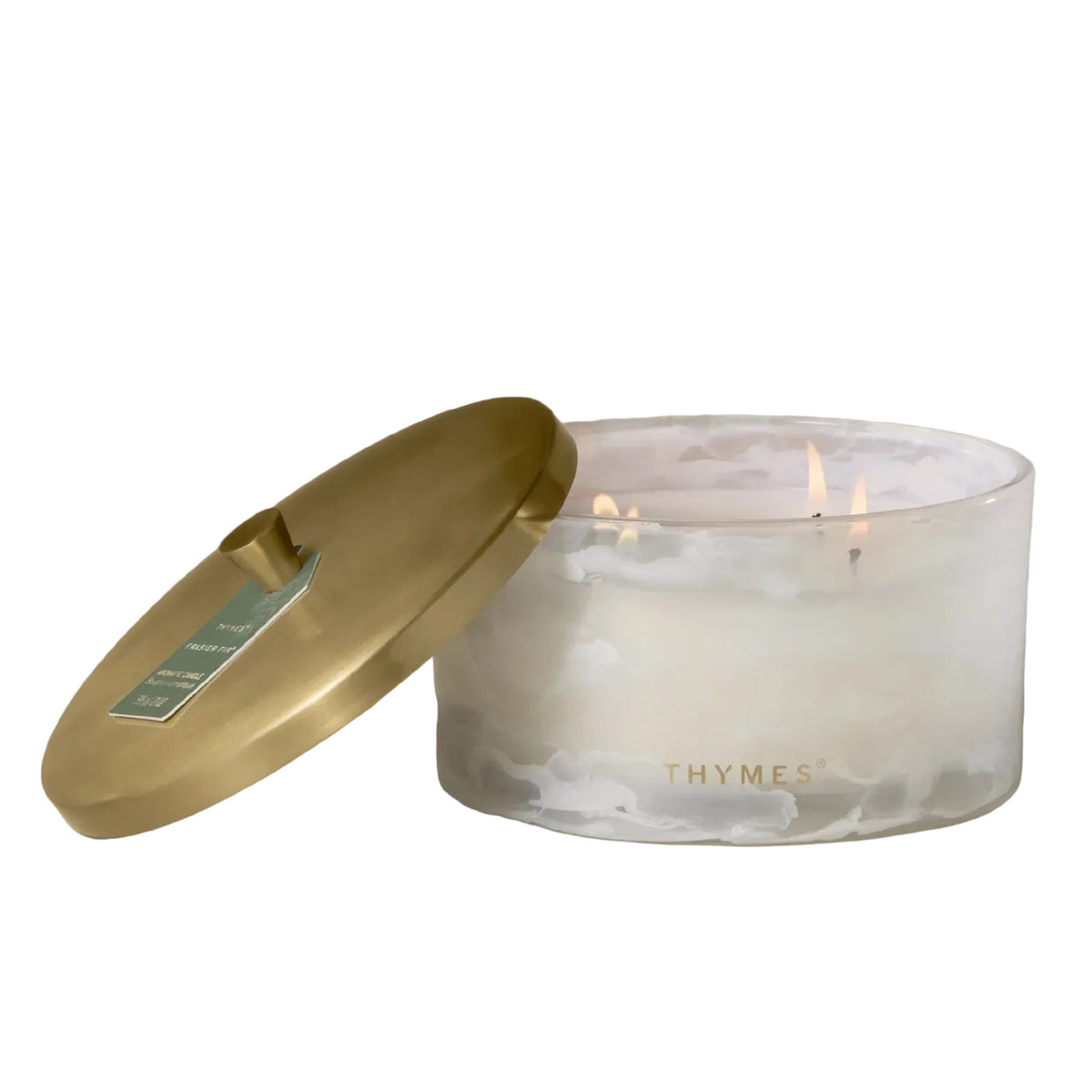 Thymes Frasier Fir Tidings 21 oz 4-Wick Candle, lit with lid off