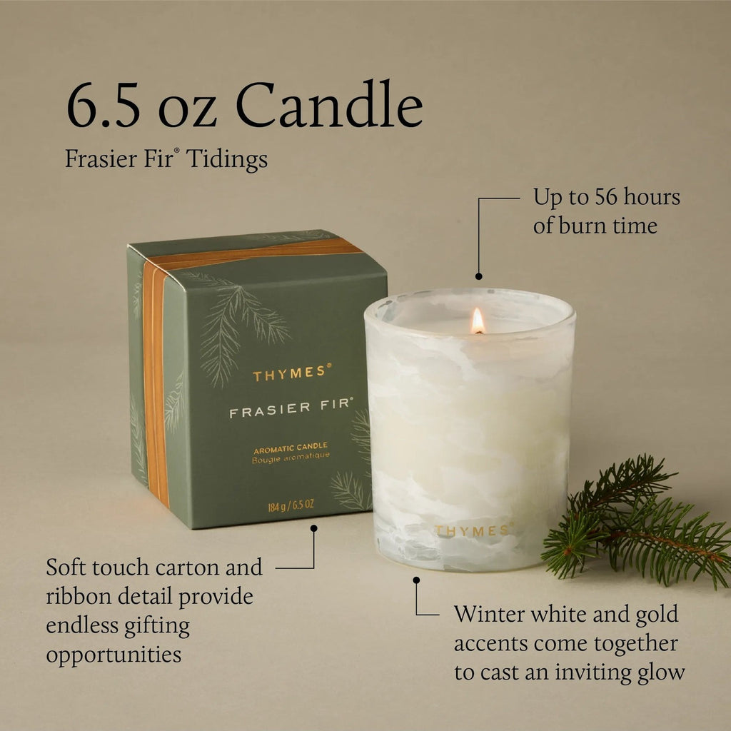 Thymes Frasier Fir Tidings 6.5 oz Candle, features